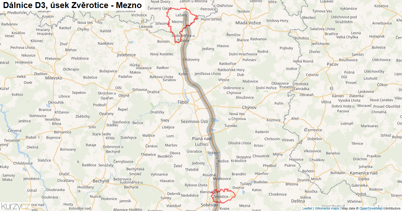 Úsek Zvěrotice - Mezno, Dálnice D3 - Mapa