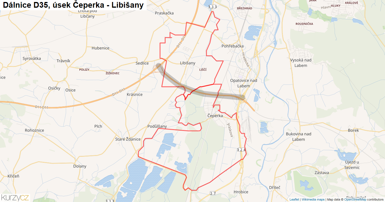 Úsek Čeperka - Libišany, Dálnice D35 - Mapa