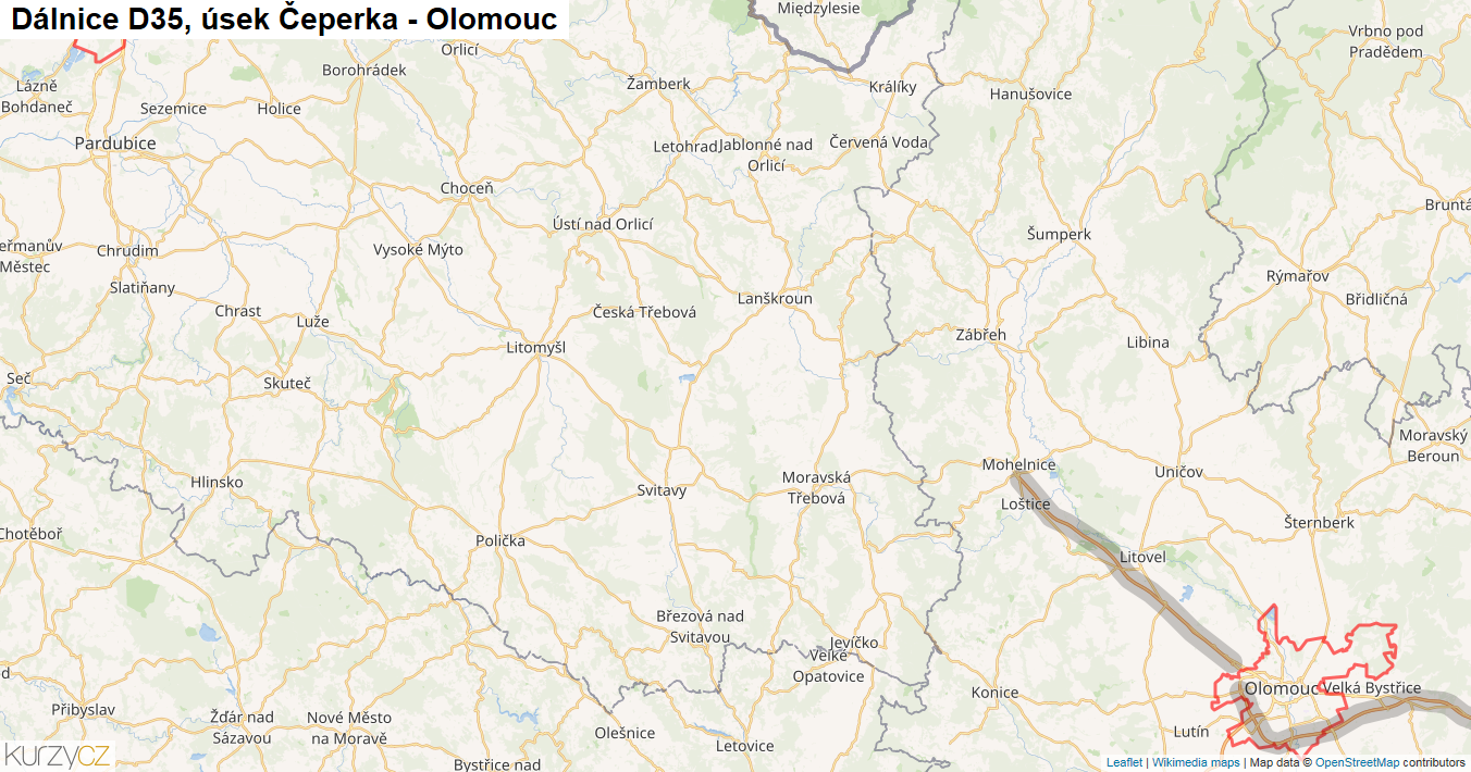 Úsek Čeperka - Olomouc, Dálnice D35 - Mapa