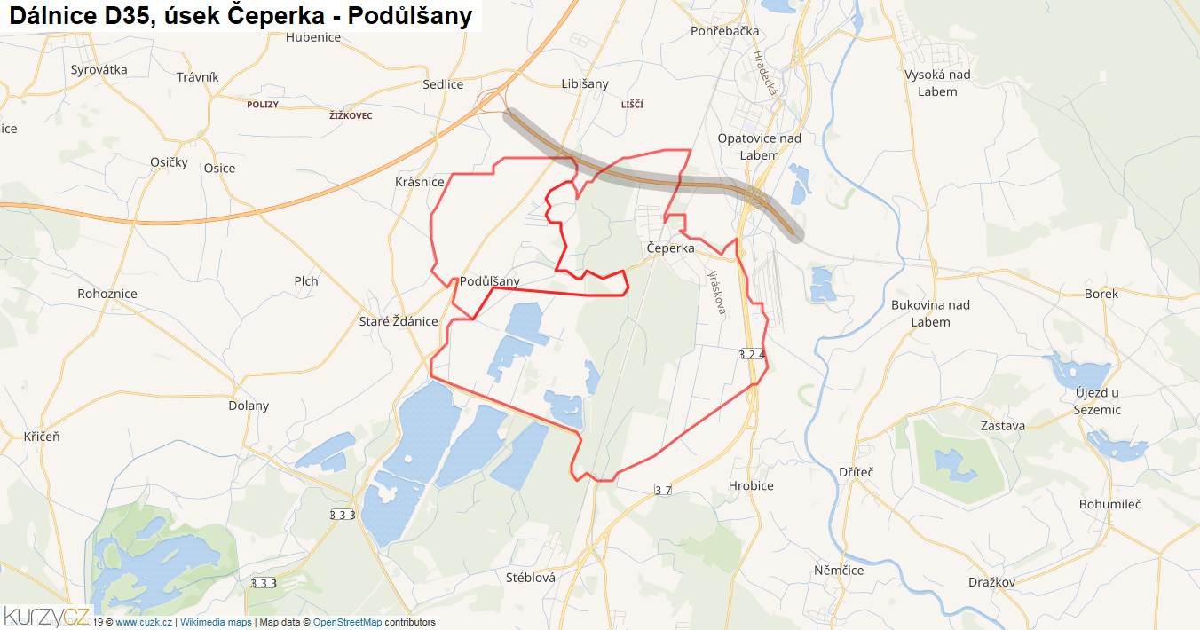 Úsek Čeperka - Podůlšany, Dálnice D35 - Mapa