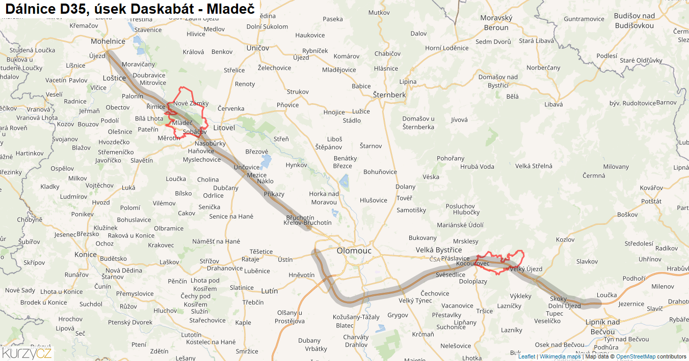 Úsek Daskabát - Mladeč, Dálnice D35 - Mapa