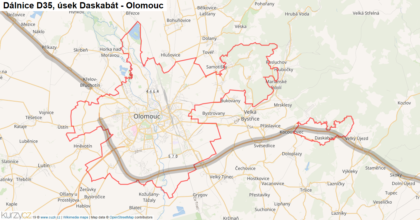 Úsek Daskabát - Olomouc, Dálnice D35 - Mapa