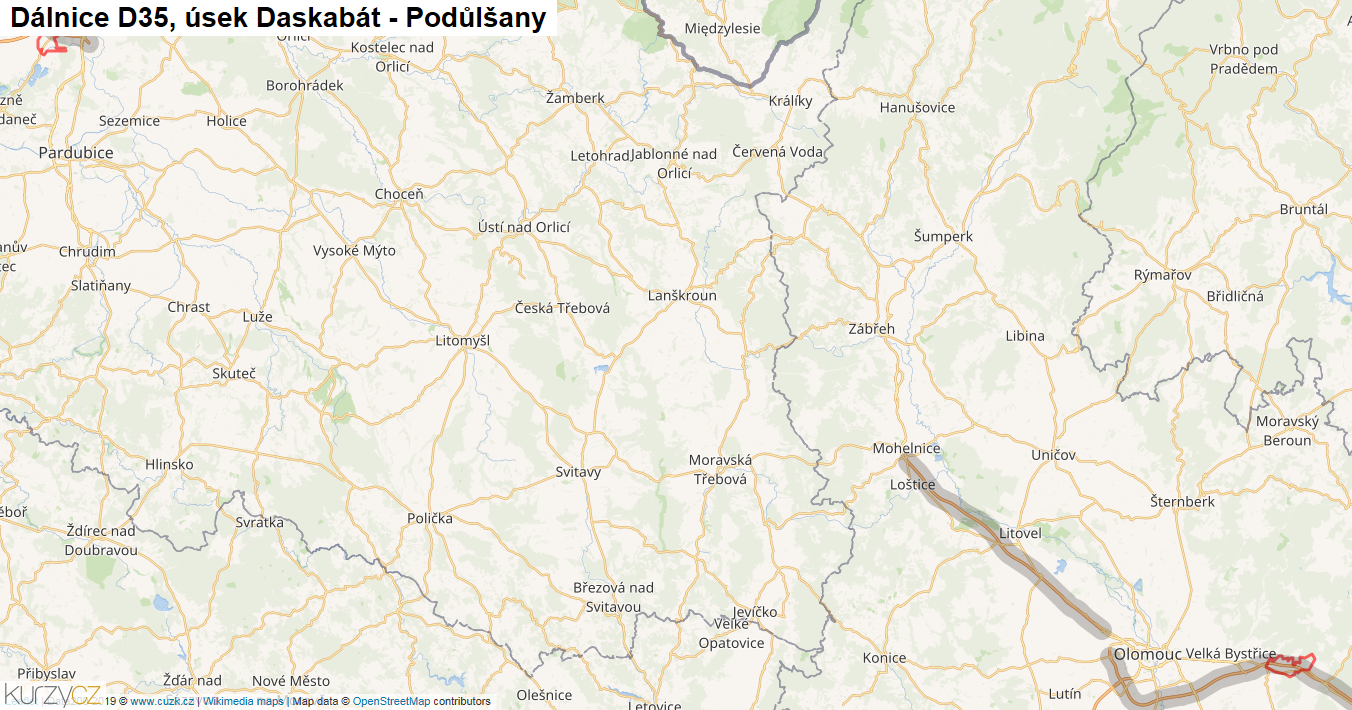Úsek Daskabát - Podůlšany, Dálnice D35 - Mapa