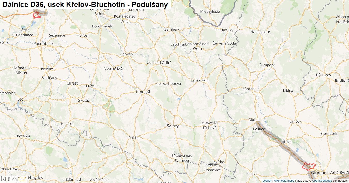 Úsek Křelov-Břuchotín - Podůlšany, Dálnice D35 - Mapa