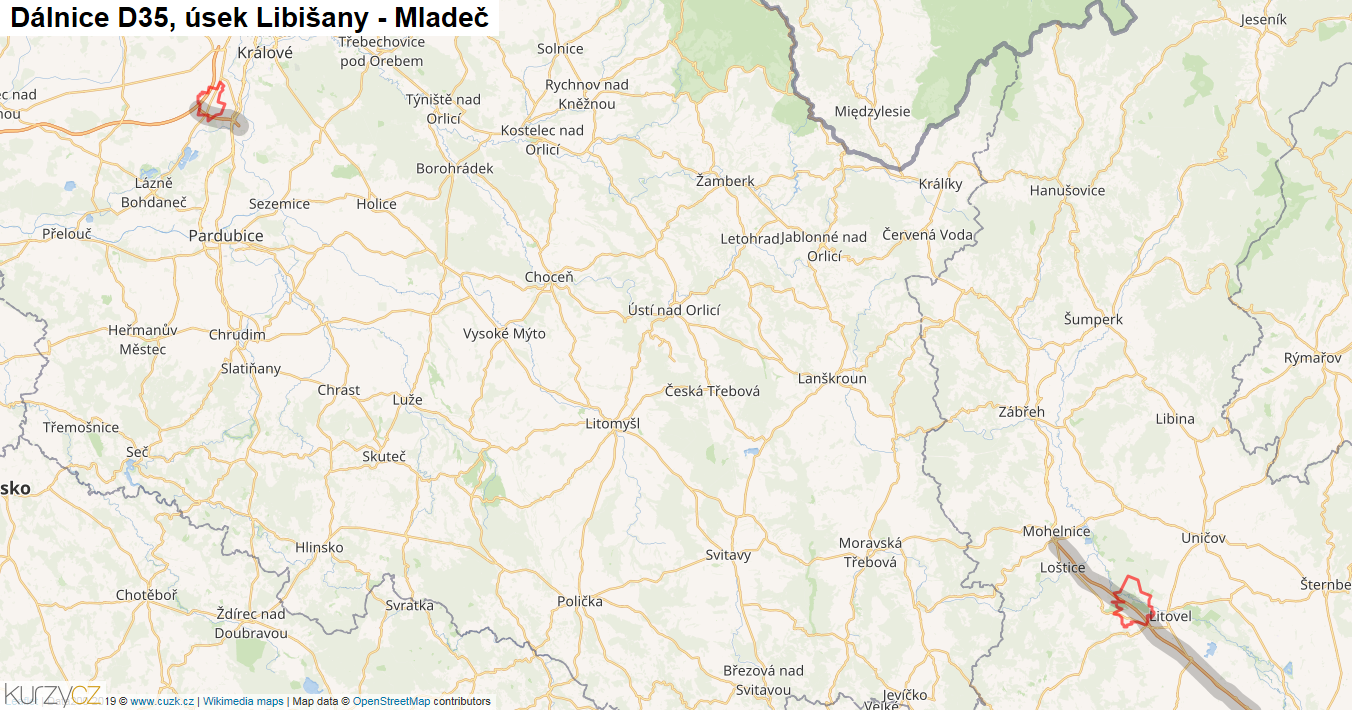 Úsek Libišany - Mladeč, Dálnice D35 - Mapa