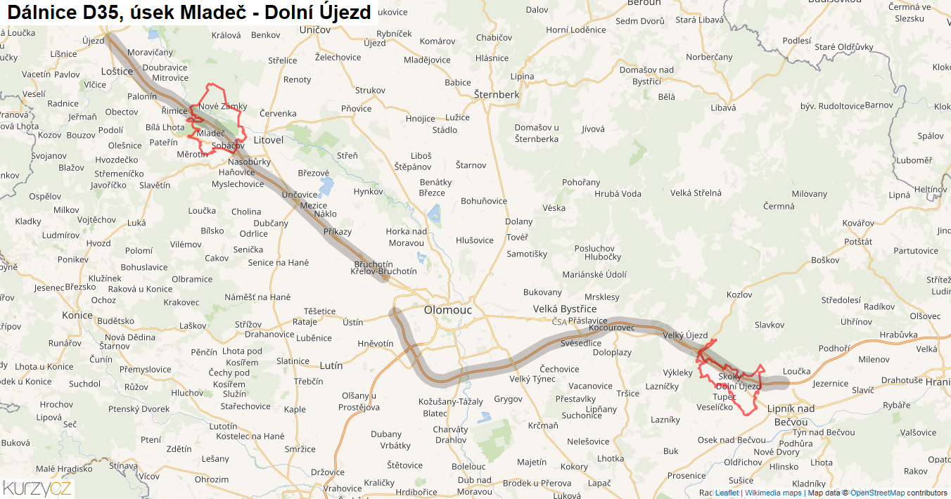 Úsek Mladeč - Dolní Újezd, Dálnice D35 - Mapa