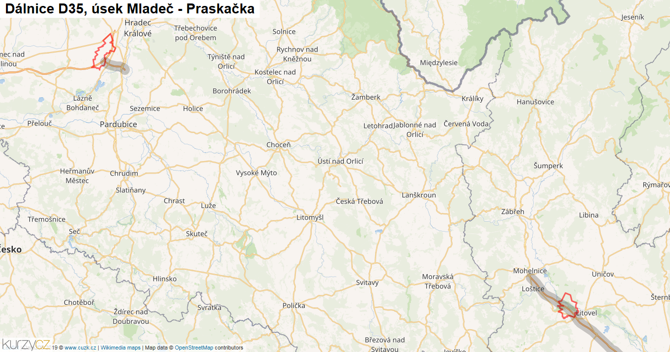 Úsek Mladeč - Praskačka, Dálnice D35 - Mapa