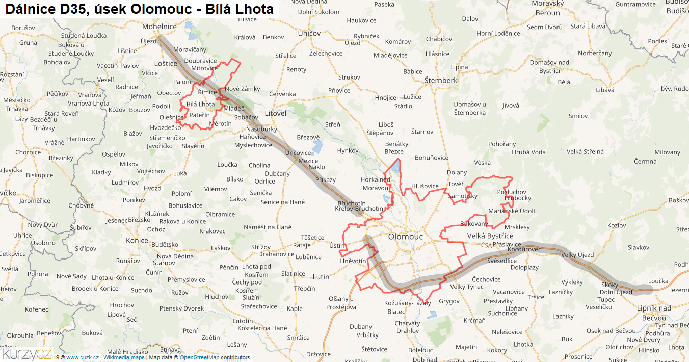 Úsek Olomouc - Bílá Lhota, Dálnice D35 - Mapa