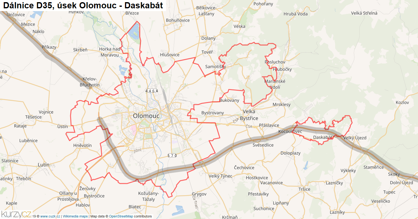 Úsek Olomouc - Daskabát, Dálnice D35 - Mapa