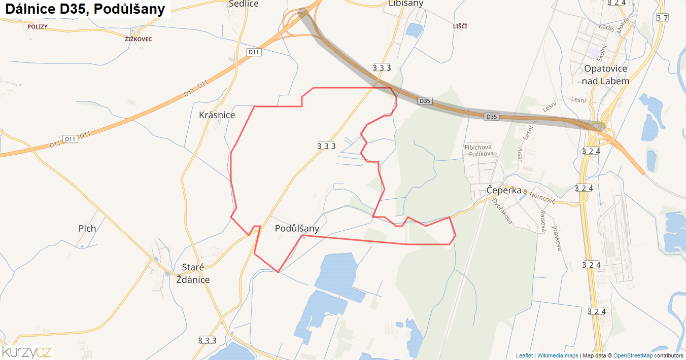Podůlšany, Dálnice D35 - Mapa