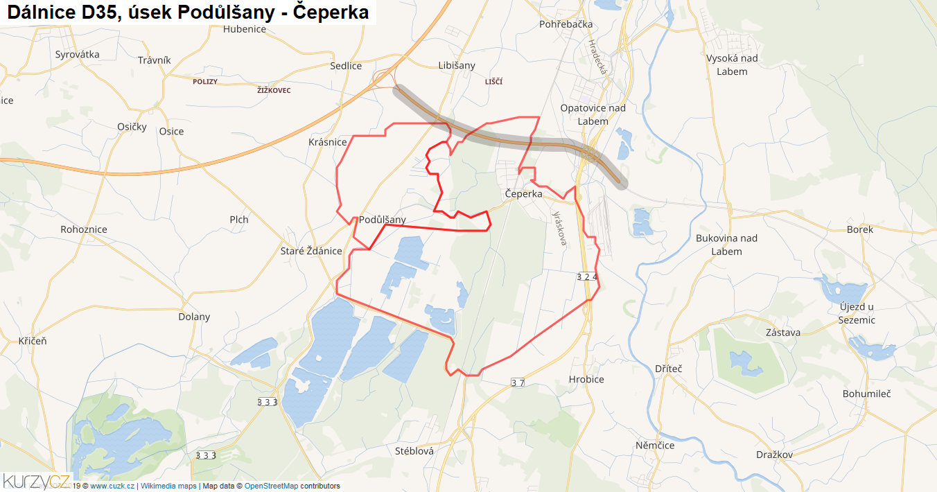 Úsek Podůlšany - Čeperka, Dálnice D35 - Mapa