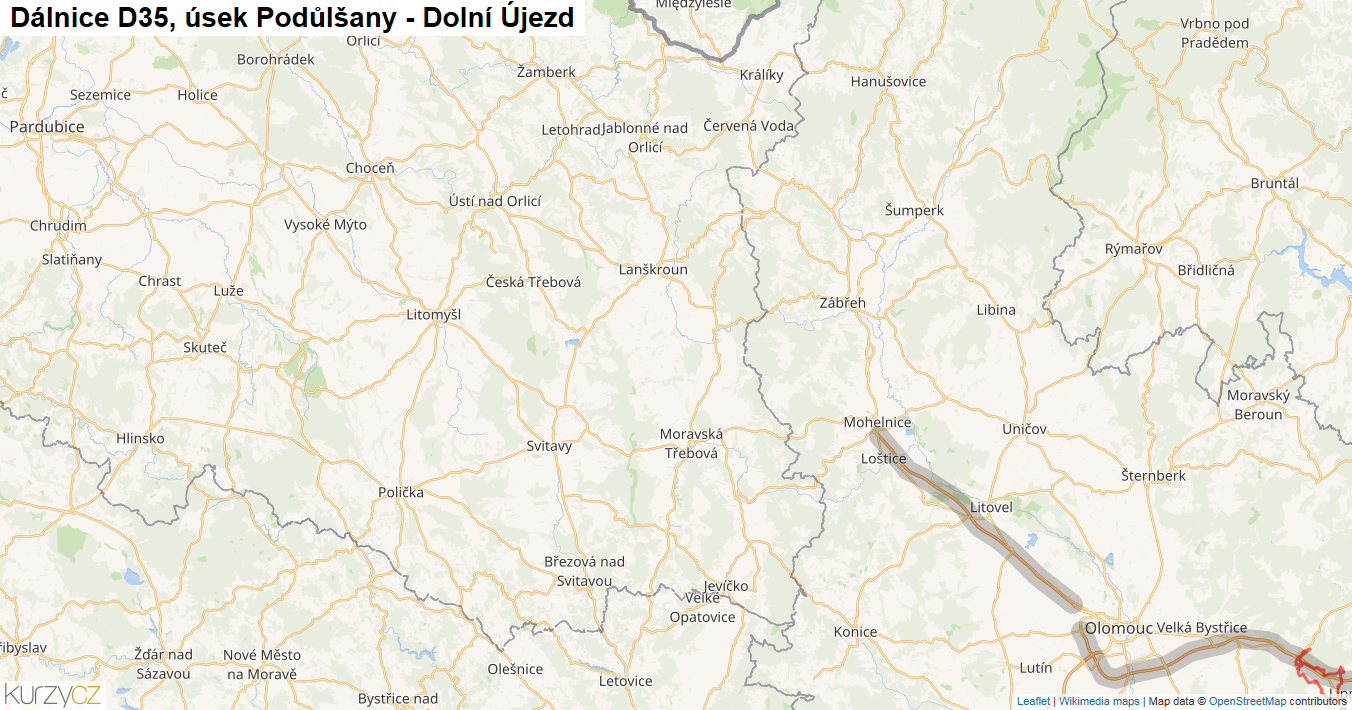 Úsek Podůlšany - Dolní Újezd, Dálnice D35 - Mapa