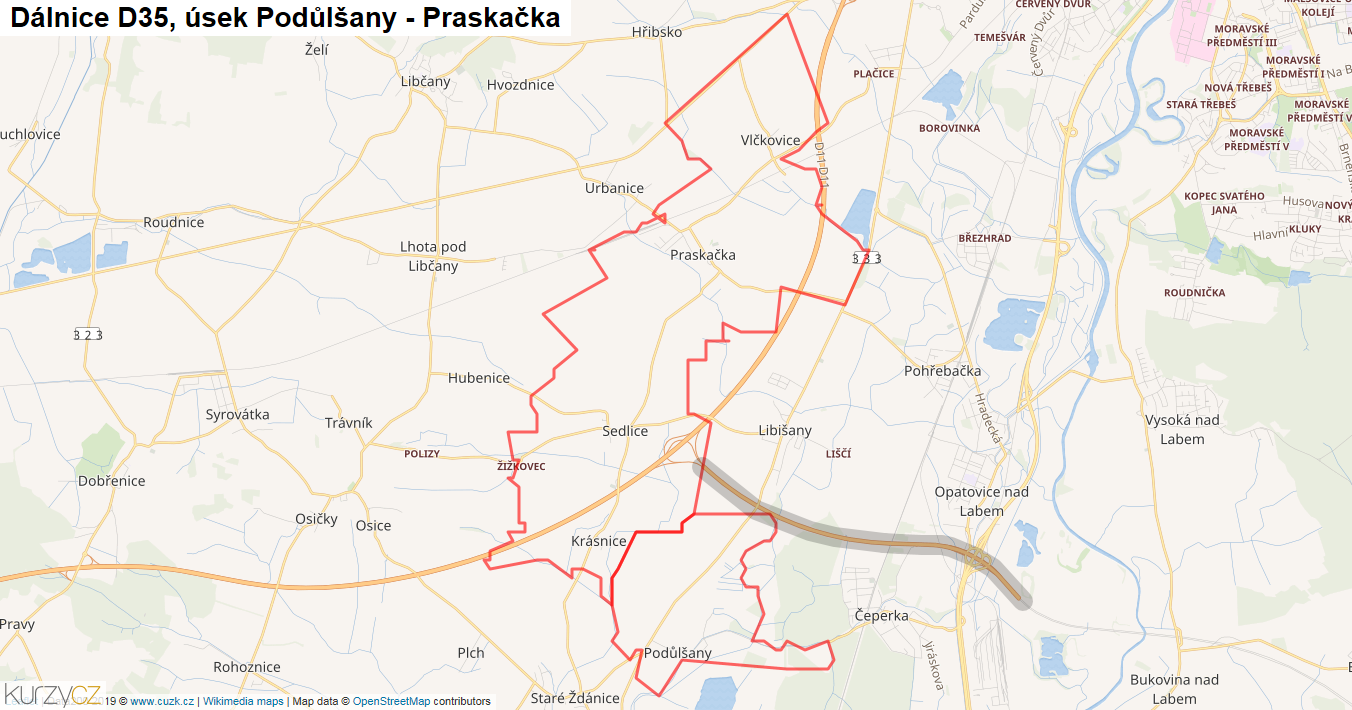 Úsek Podůlšany - Praskačka, Dálnice D35 - Mapa