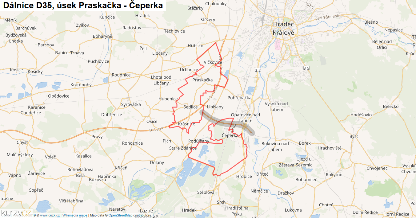 Úsek Praskačka - Čeperka, Dálnice D35 - Mapa