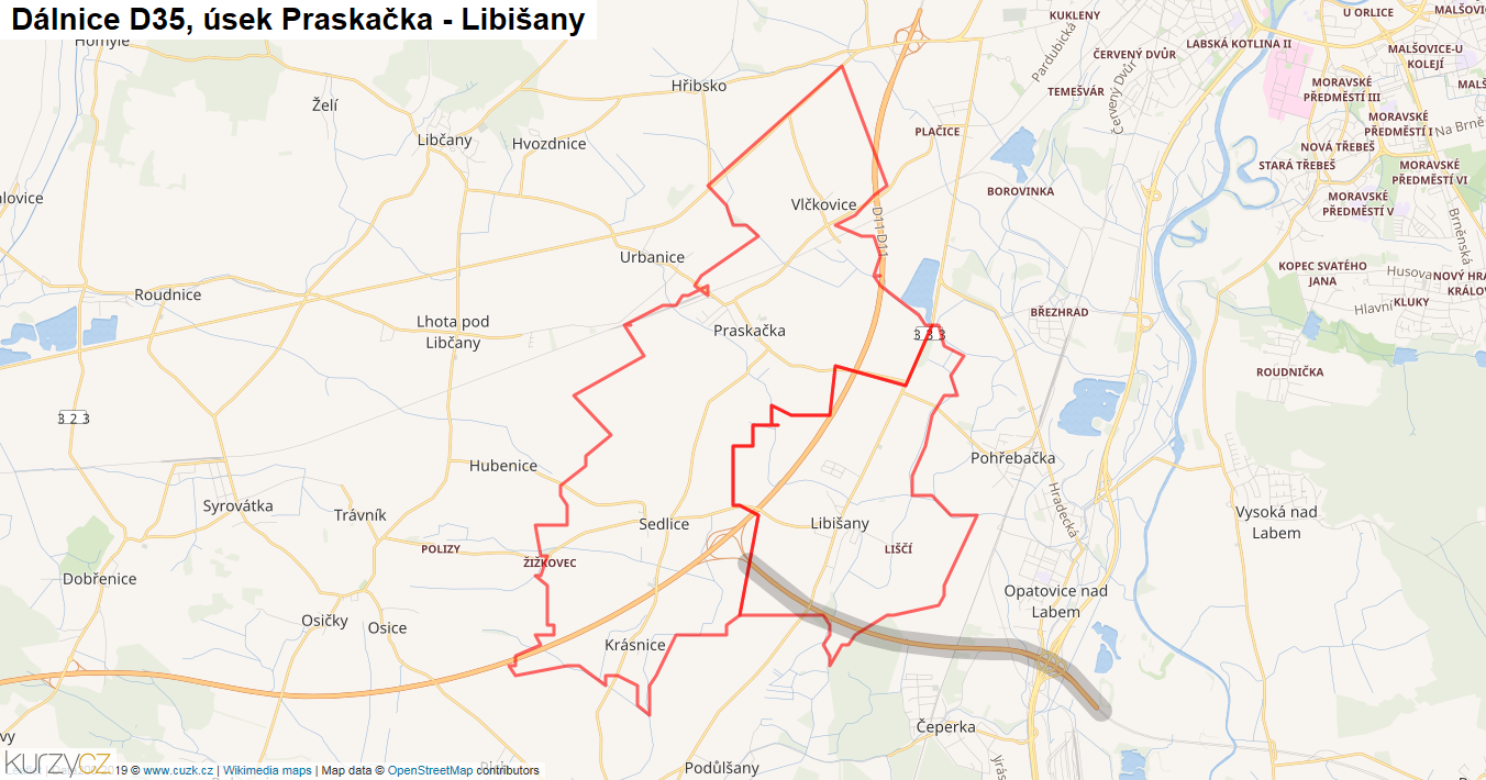 Úsek Praskačka - Libišany, Dálnice D35 - Mapa