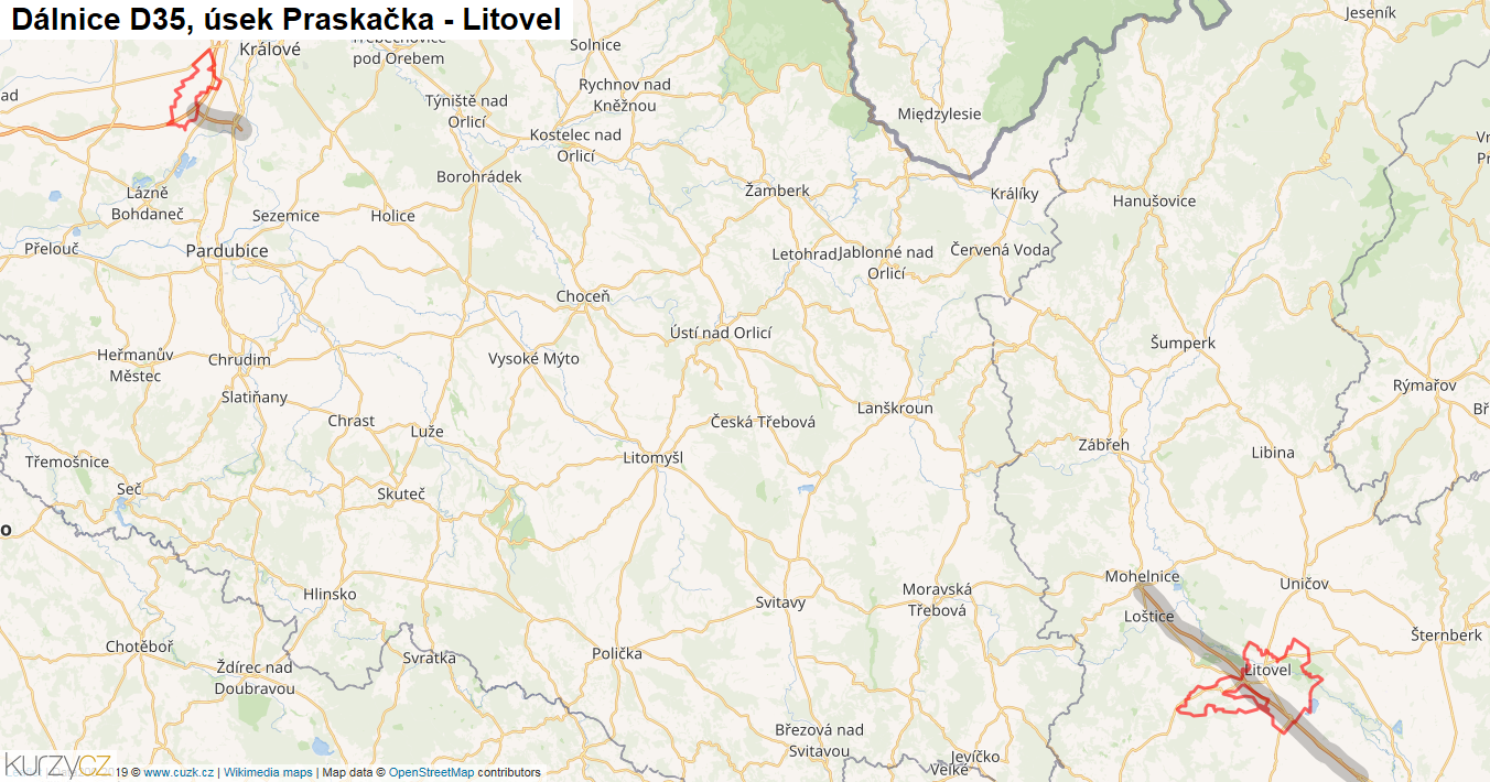 Úsek Praskačka - Litovel, Dálnice D35 - Mapa