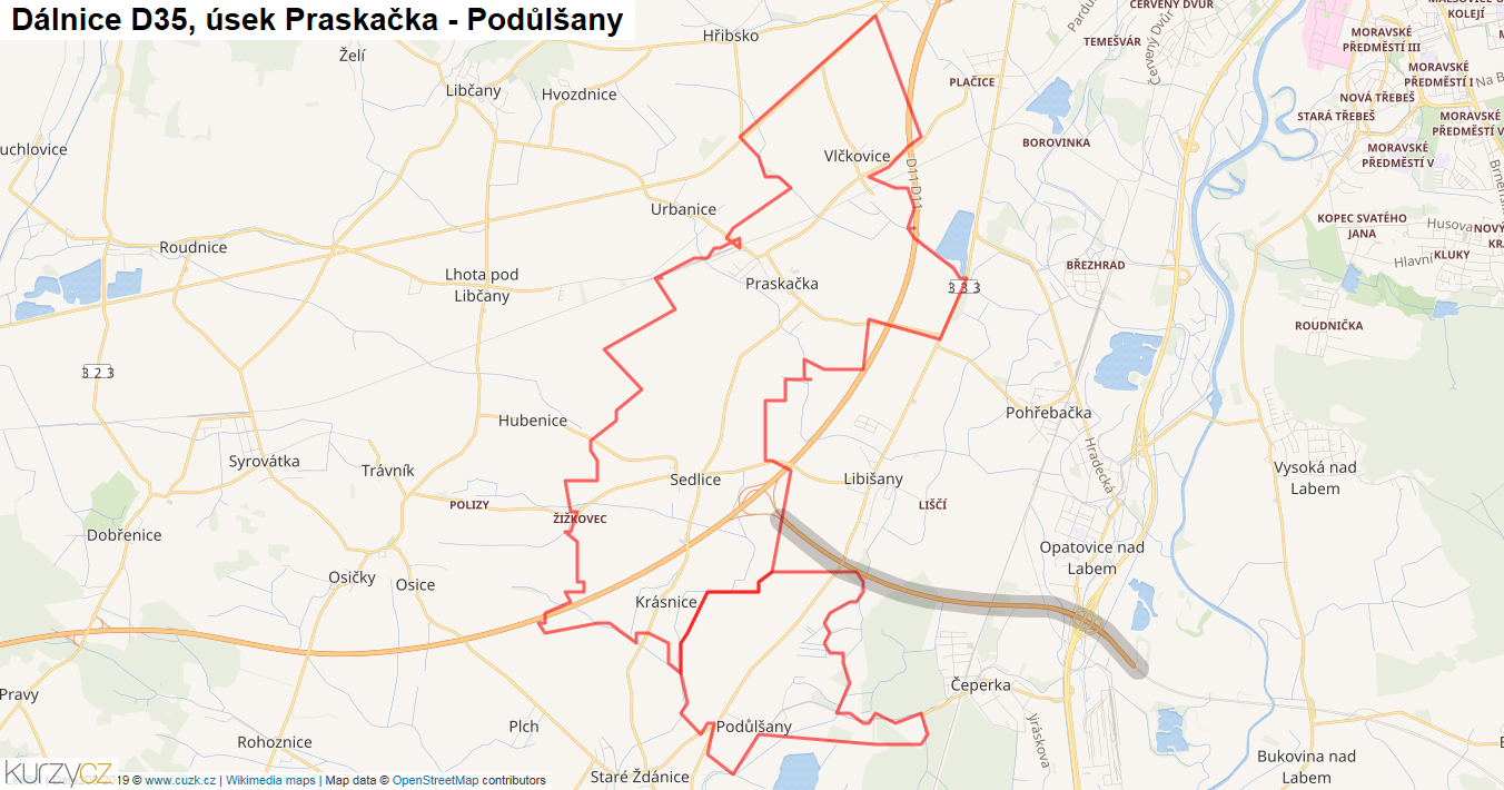 Úsek Praskačka - Podůlšany, Dálnice D35 - Mapa