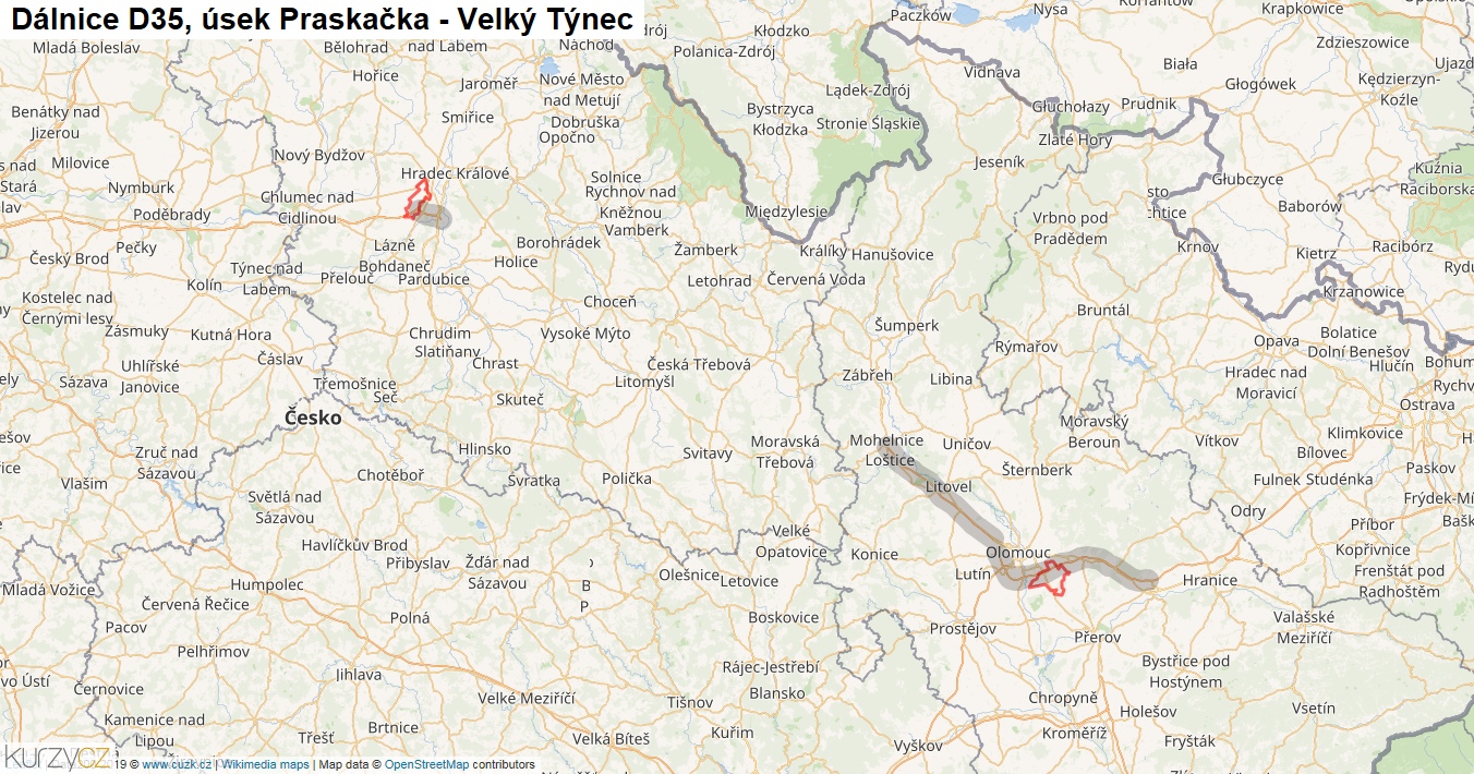 Úsek Praskačka - Velký Týnec, Dálnice D35 - Mapa
