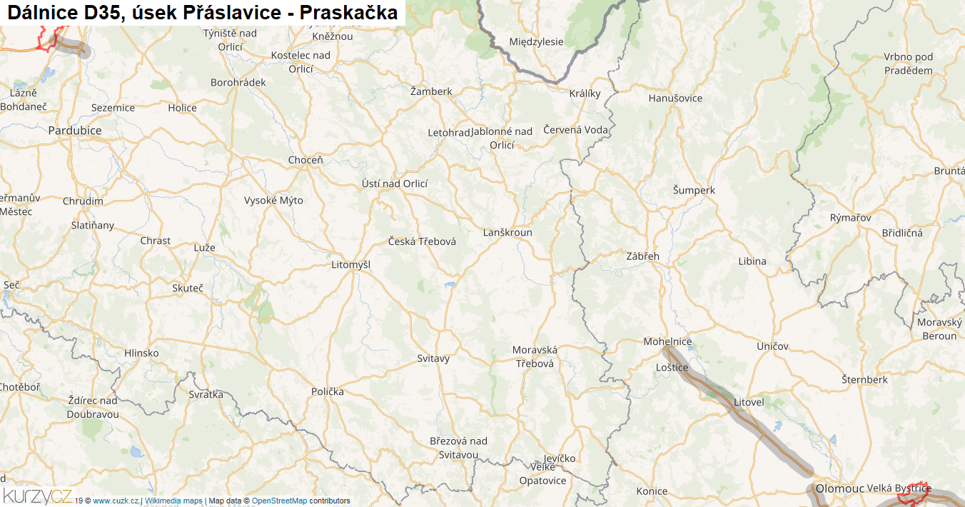 Úsek Přáslavice - Praskačka, Dálnice D35 - Mapa