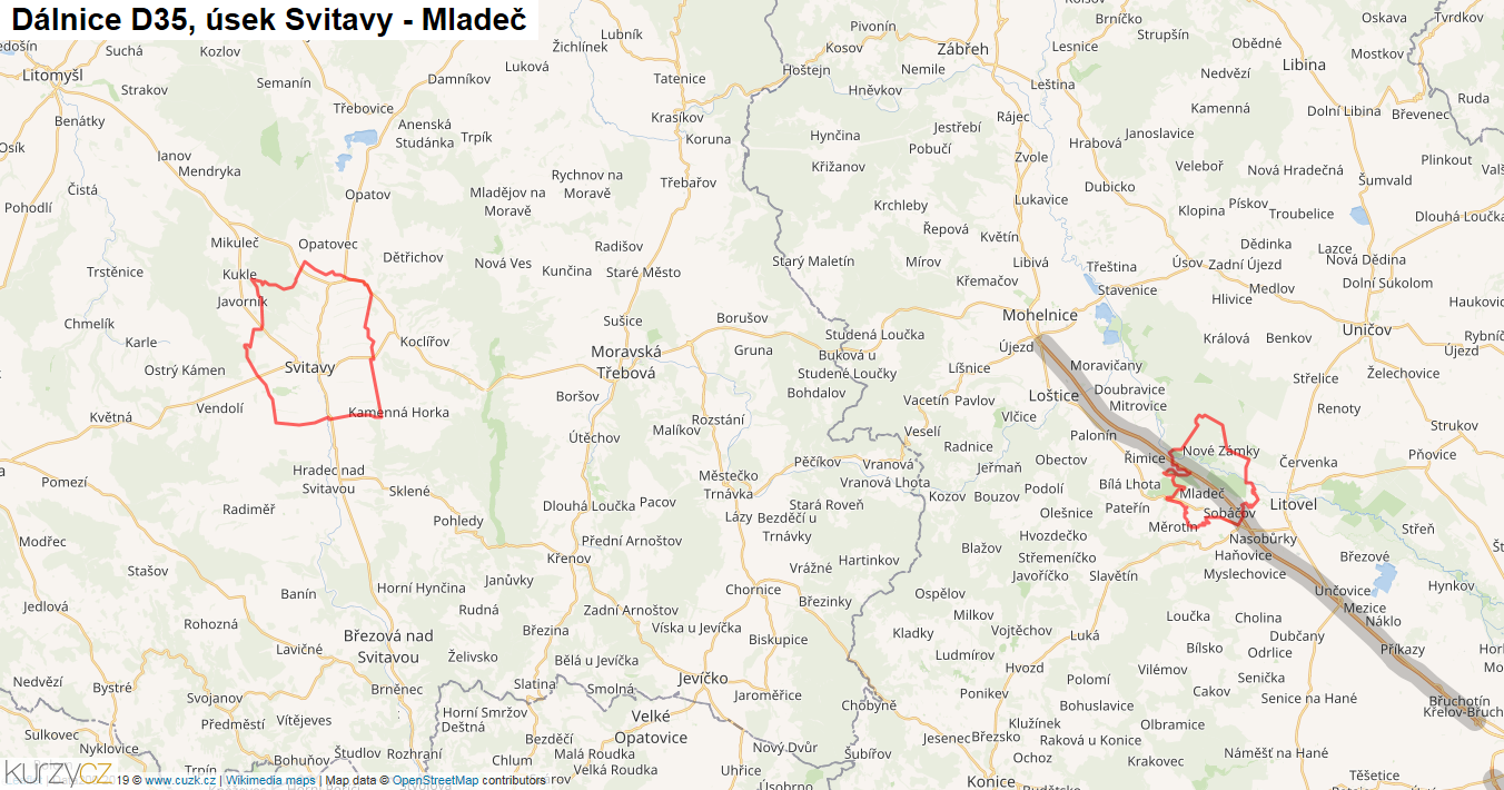 Úsek Svitavy - Mladeč, Dálnice D35 - Mapa