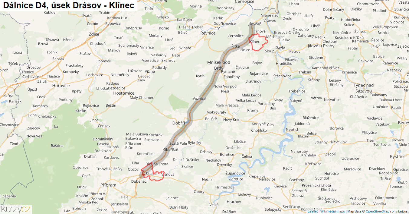 Úsek Drásov - Klínec, Dálnice D4 - Mapa