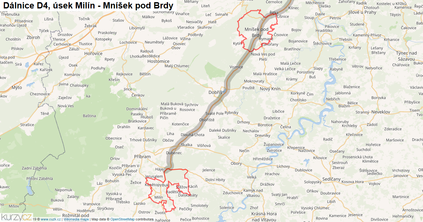 Úsek Milín - Mníšek pod Brdy, Dálnice D4 - Mapa