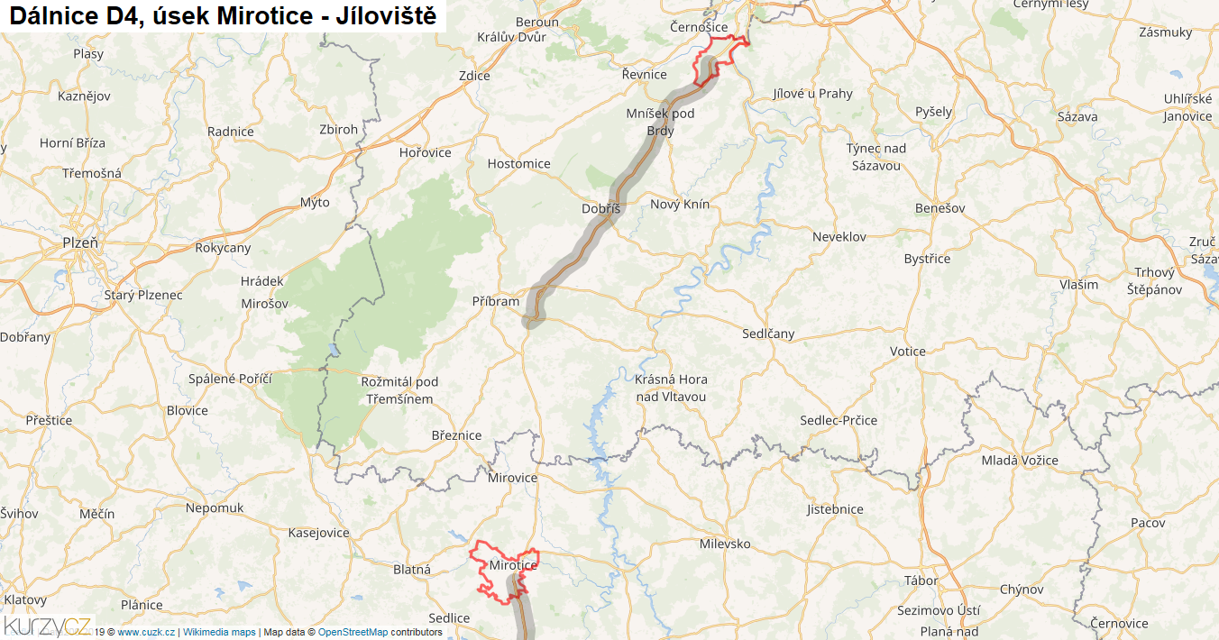 Úsek Mirotice - Jíloviště, Dálnice D4 - Mapa
