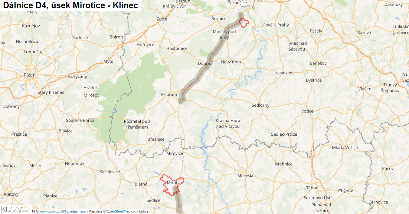 Úsek Mirotice - Klínec, Dálnice D4 - Mapa