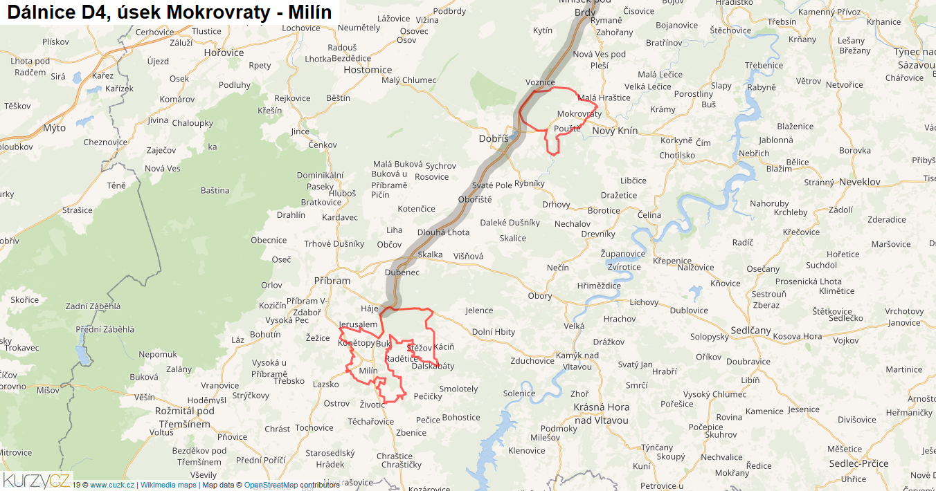 Úsek Mokrovraty - Milín, Dálnice D4 - Mapa