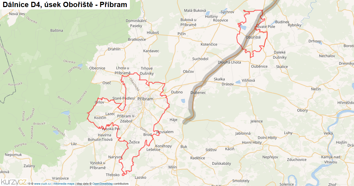 Úsek Obořiště - Příbram, Dálnice D4 - Mapa