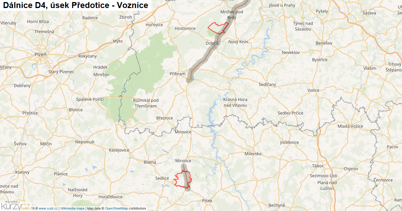 Úsek Předotice - Voznice, Dálnice D4 - Mapa