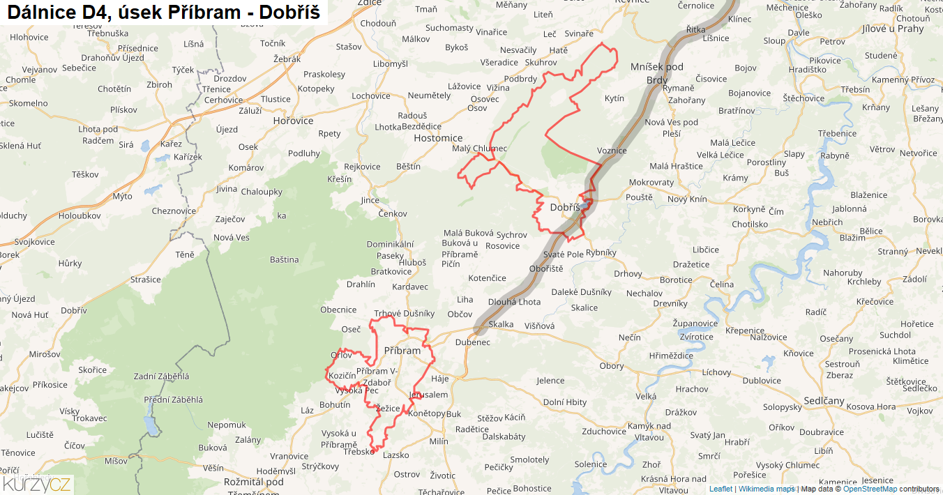 Úsek Příbram - Dobříš, Dálnice D4 - Mapa