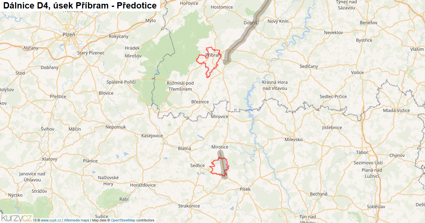Úsek Příbram - Předotice, Dálnice D4 - Mapa