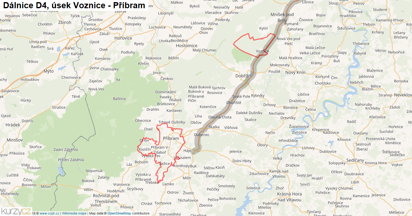 Úsek Voznice - Příbram, Dálnice D4 - Mapa