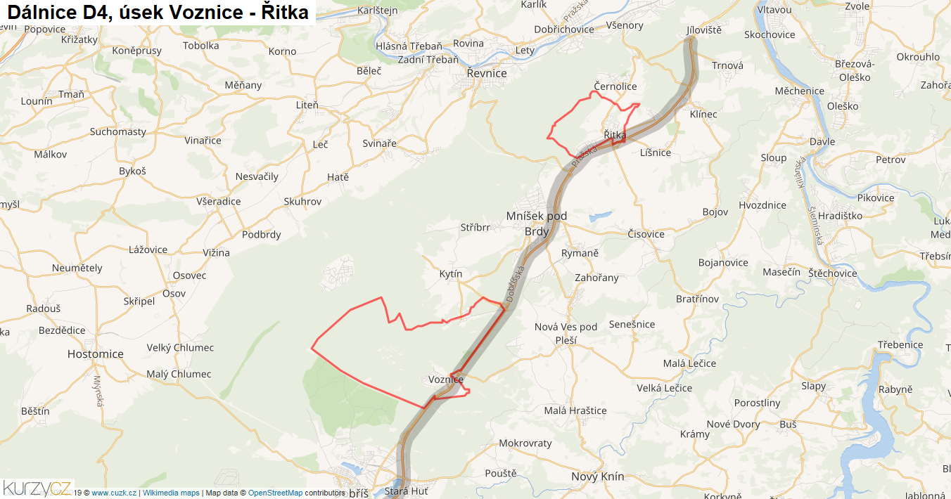 Úsek Voznice - Řitka, Dálnice D4 - Mapa