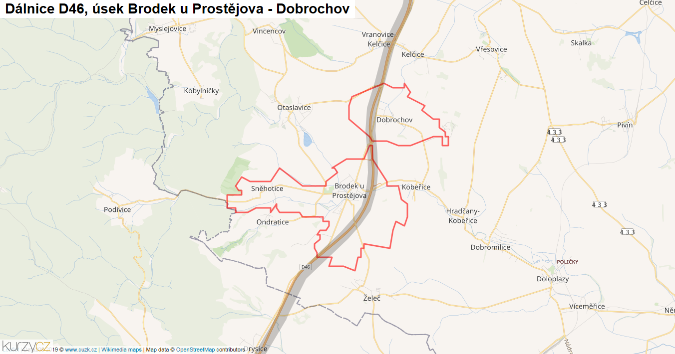 Úsek Brodek u Prostějova - Dobrochov, Dálnice D46 - Mapa