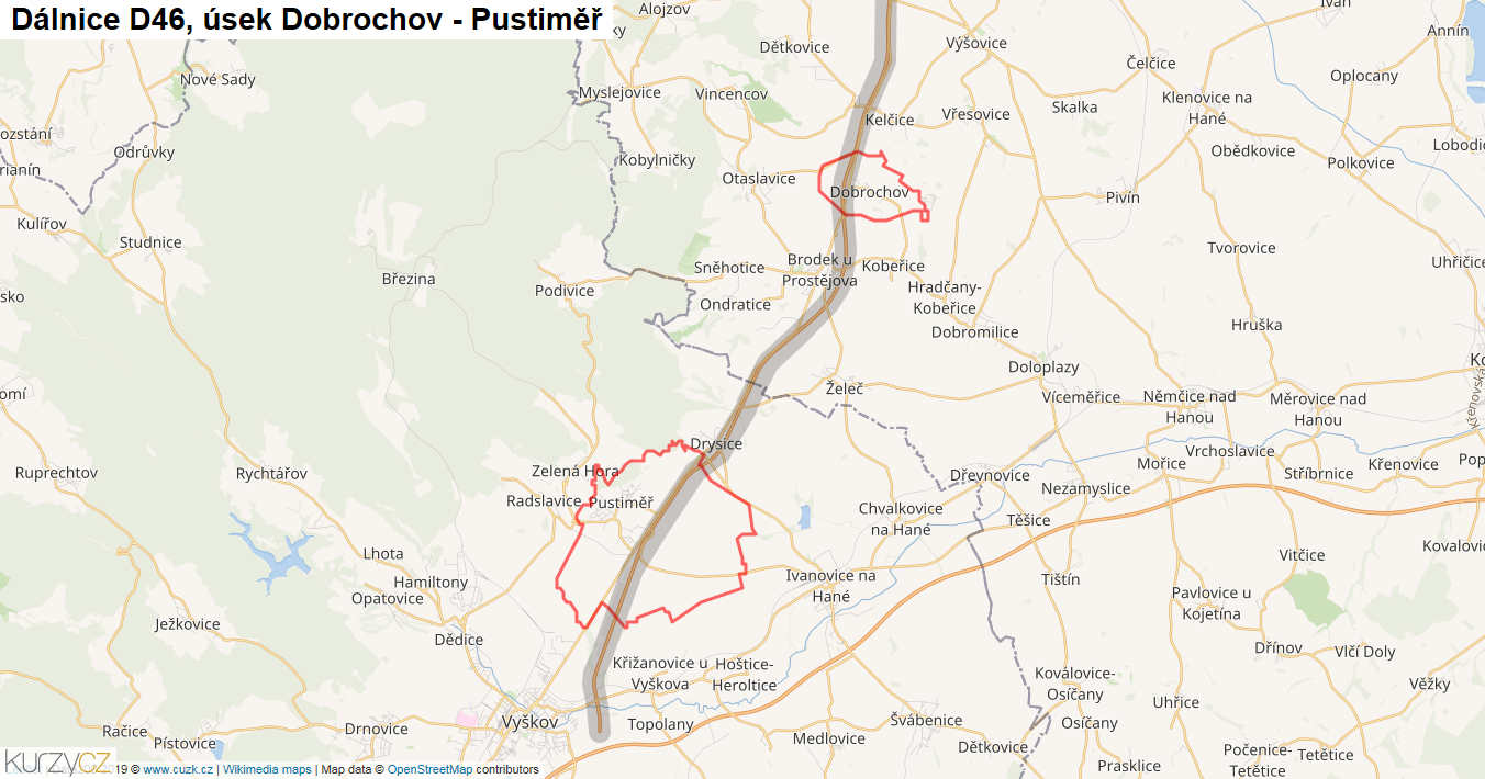 Úsek Dobrochov - Pustiměř, Dálnice D46 - Mapa