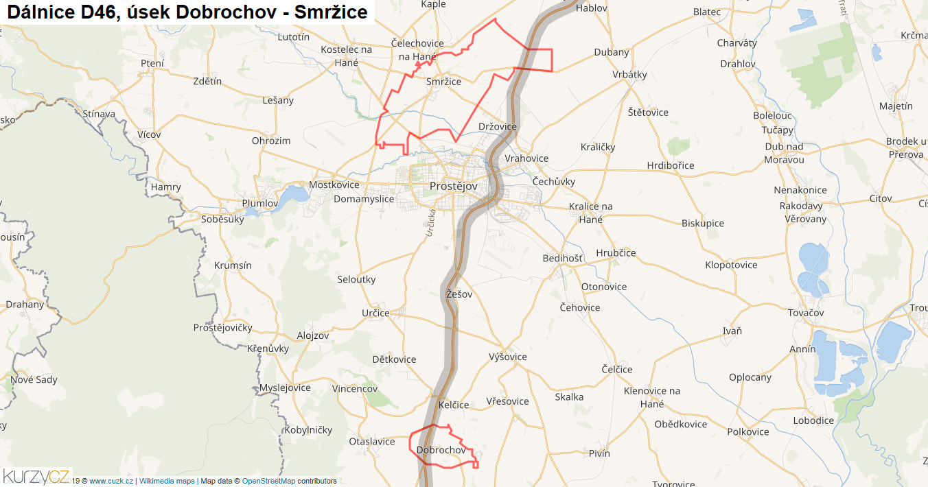 Úsek Dobrochov - Smržice, Dálnice D46 - Mapa