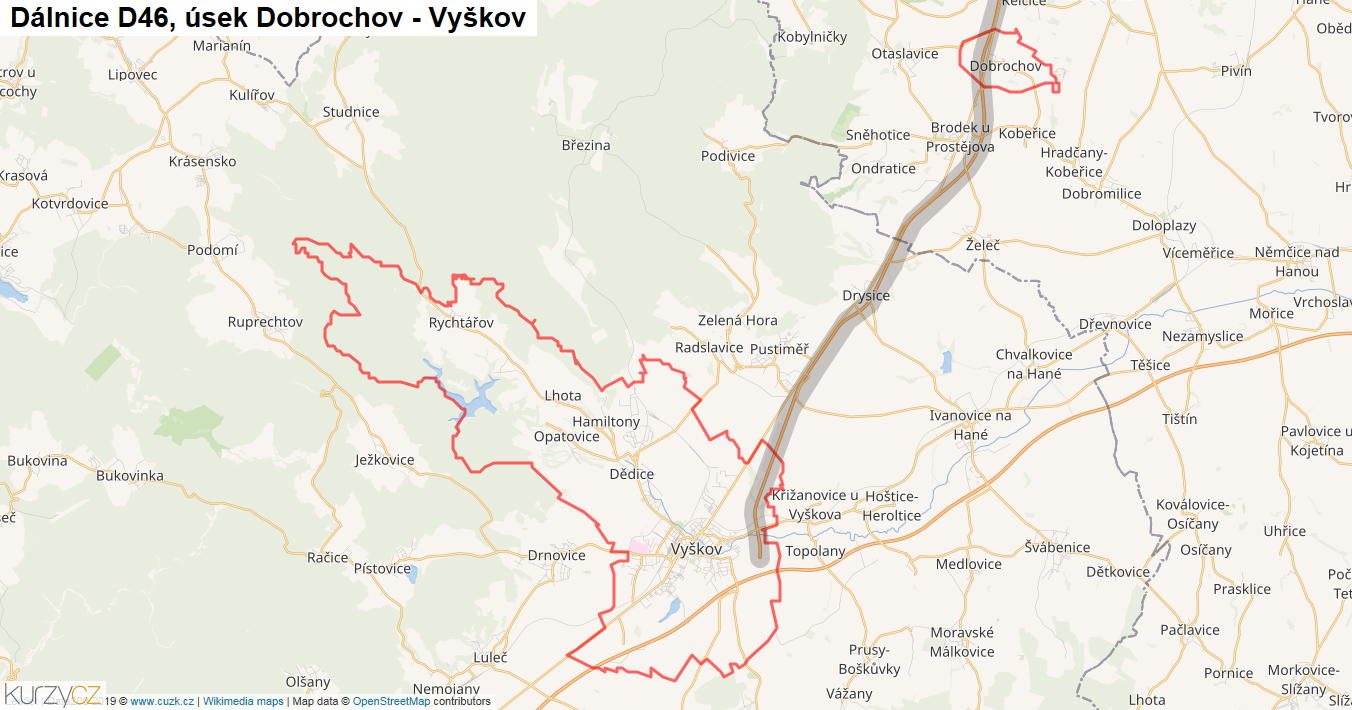 Úsek Dobrochov - Vyškov, Dálnice D46 - Mapa
