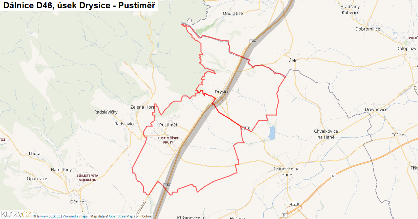 Úsek Drysice - Pustiměř, Dálnice D46 - Mapa