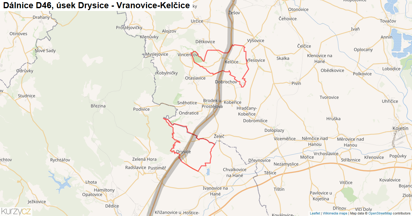 Úsek Drysice - Vranovice-Kelčice, Dálnice D46 - Mapa