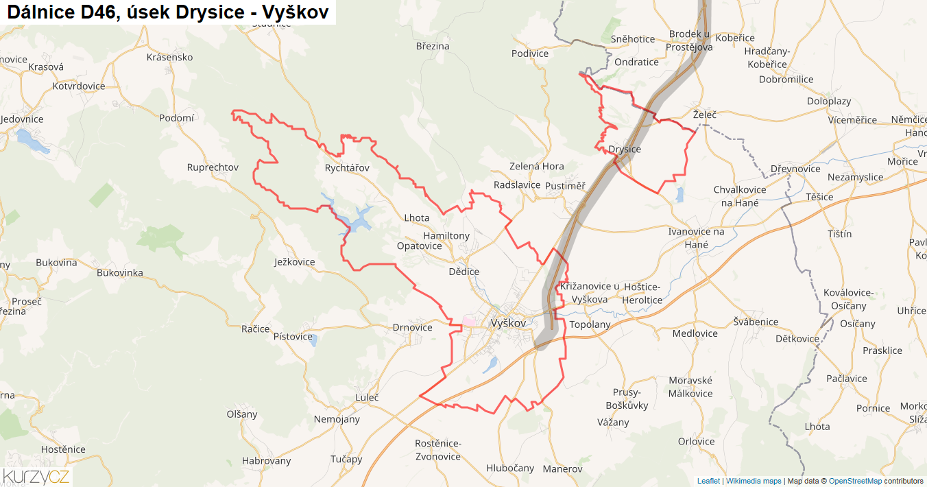 Úsek Drysice - Vyškov, Dálnice D46 - Mapa