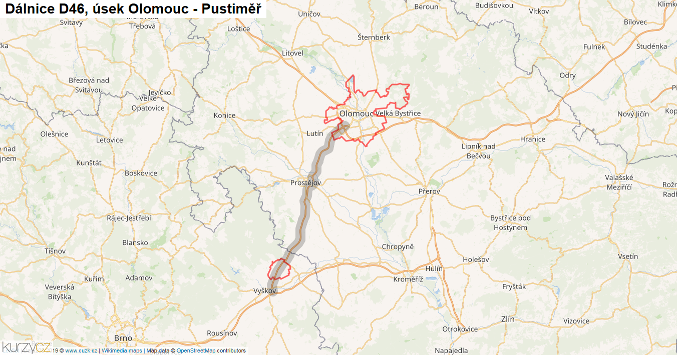 Úsek Olomouc - Pustiměř, Dálnice D46 - Mapa