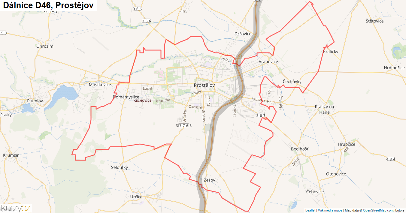 Prostějov, Dálnice D46 - Mapa