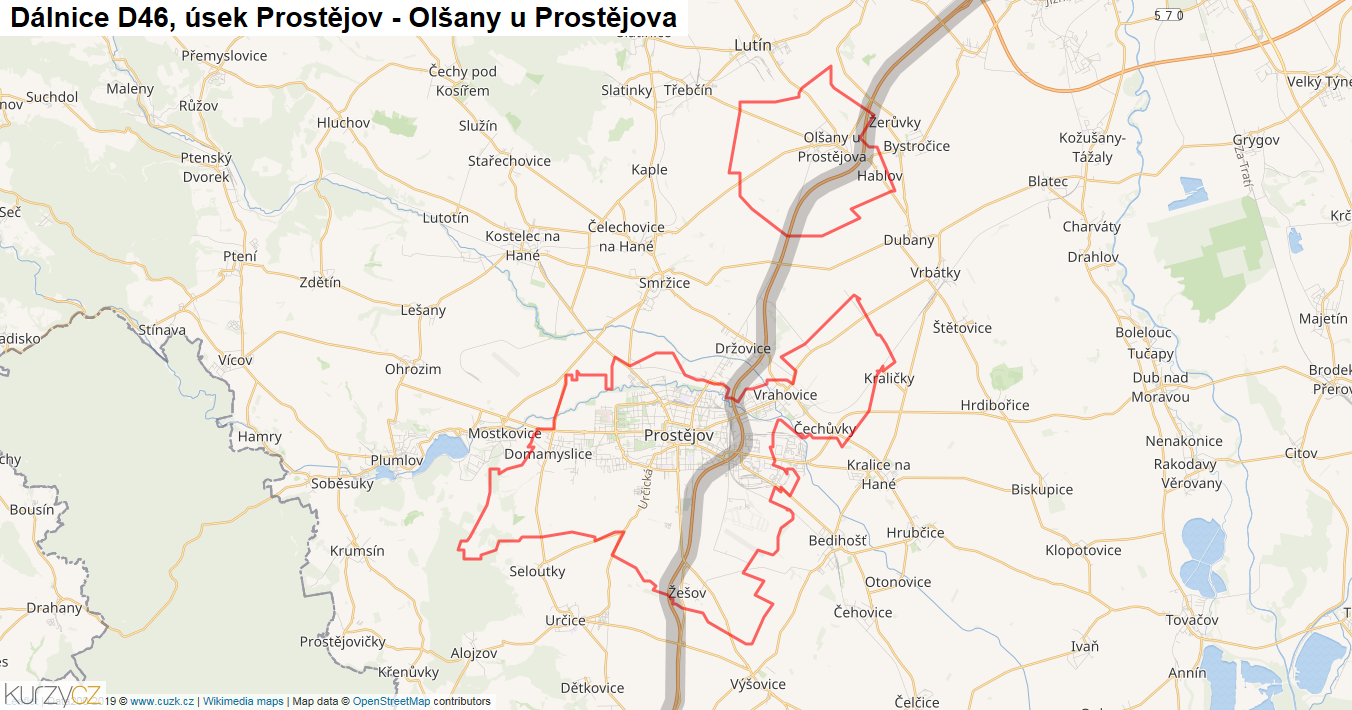 Úsek Prostějov - Olšany u Prostějova, Dálnice D46 - Mapa