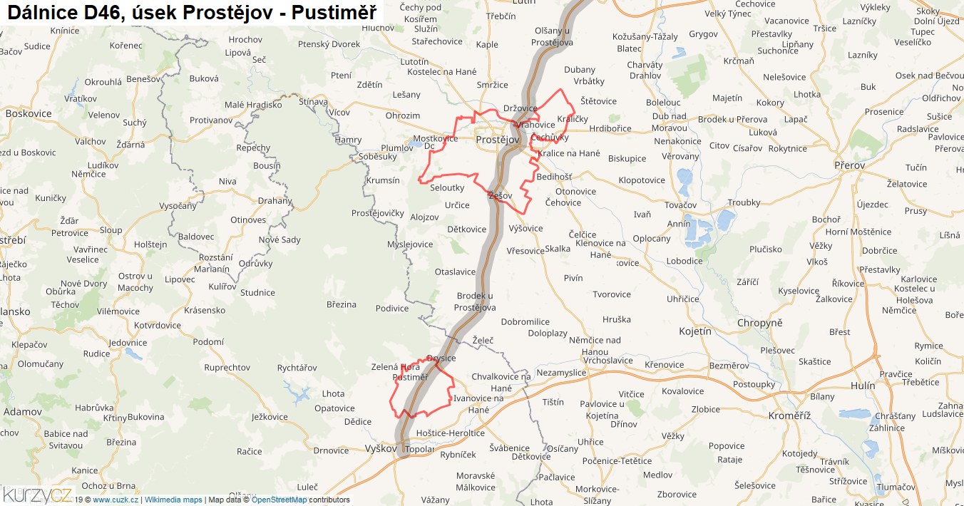 Úsek Prostějov - Pustiměř, Dálnice D46 - Mapa