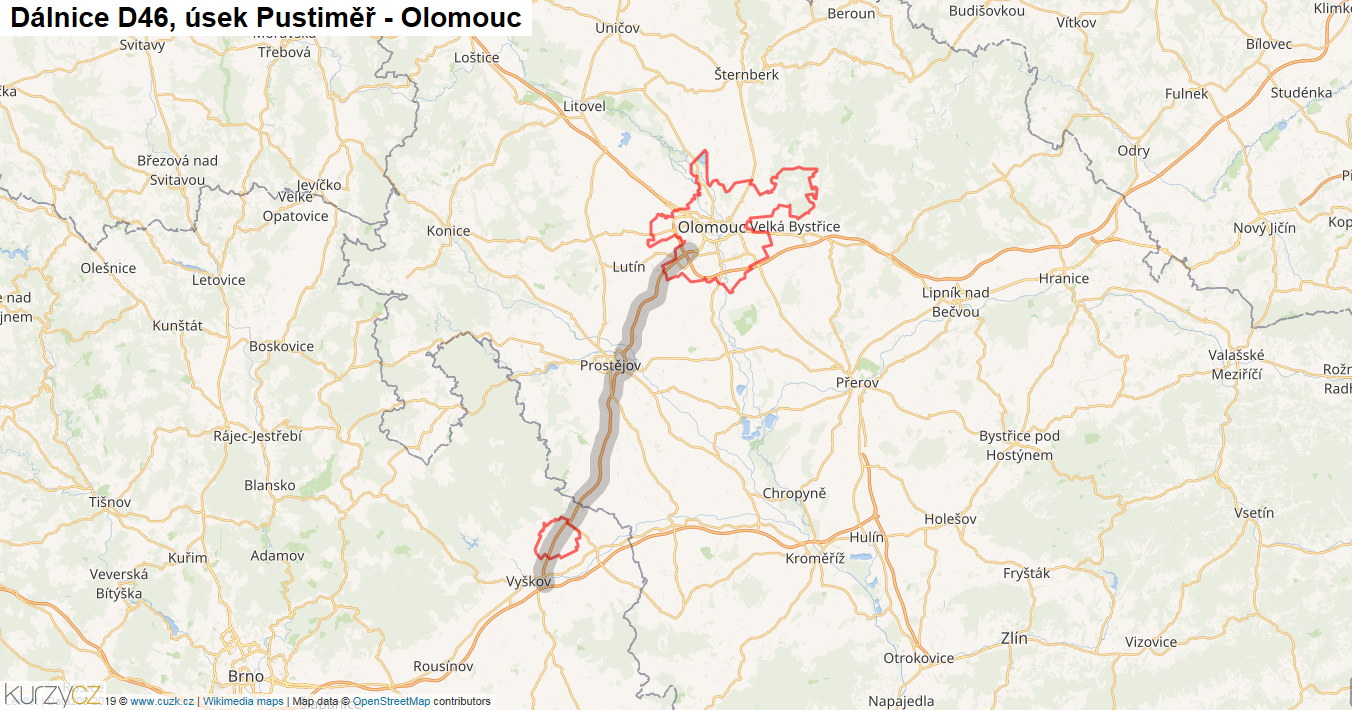 Úsek Pustiměř - Olomouc, Dálnice D46 - Mapa