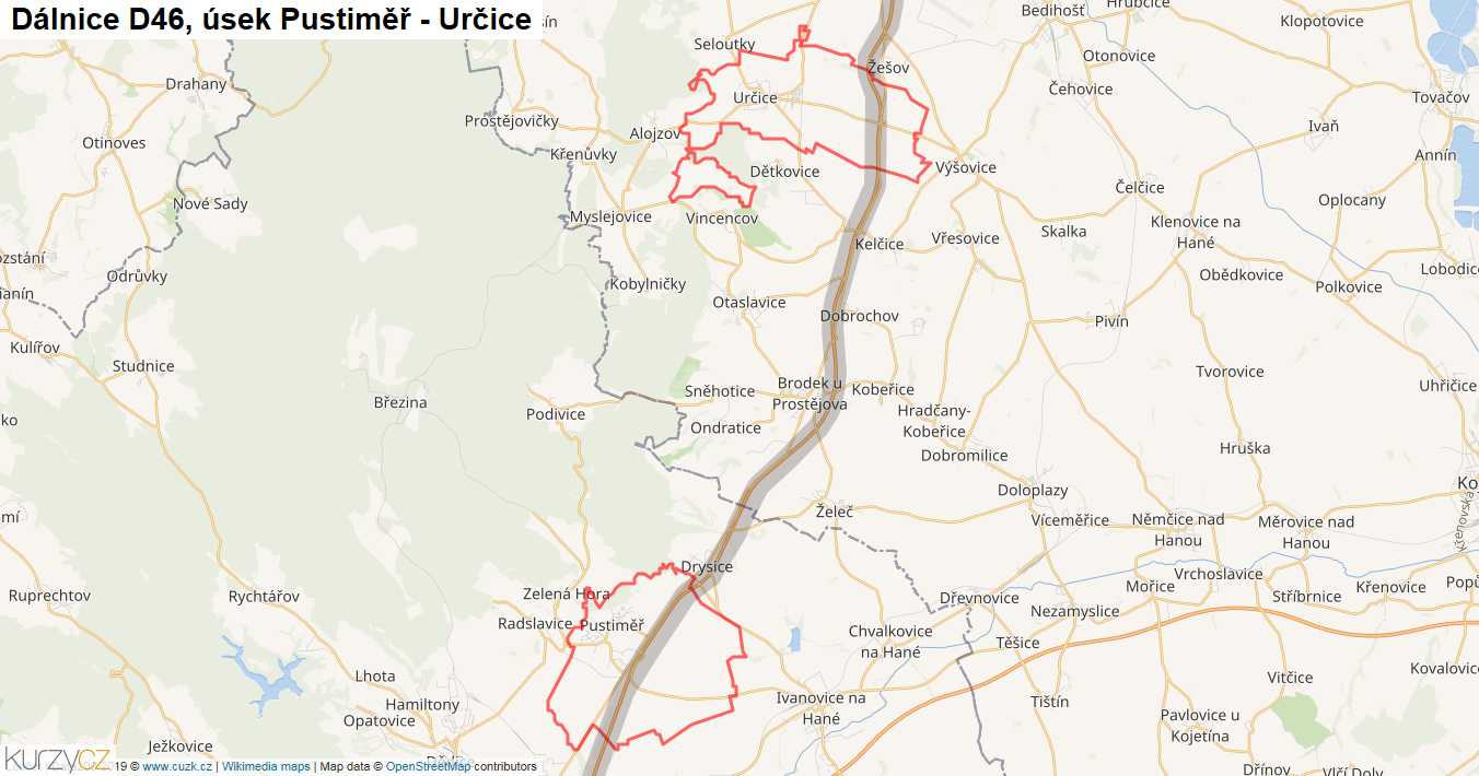 Úsek Pustiměř - Určice, Dálnice D46 - Mapa