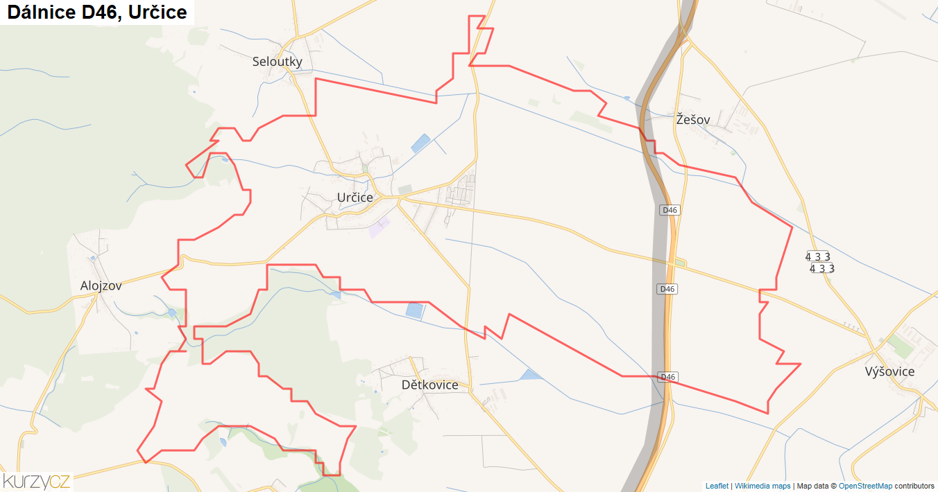 Určice, Dálnice D46 - Mapa