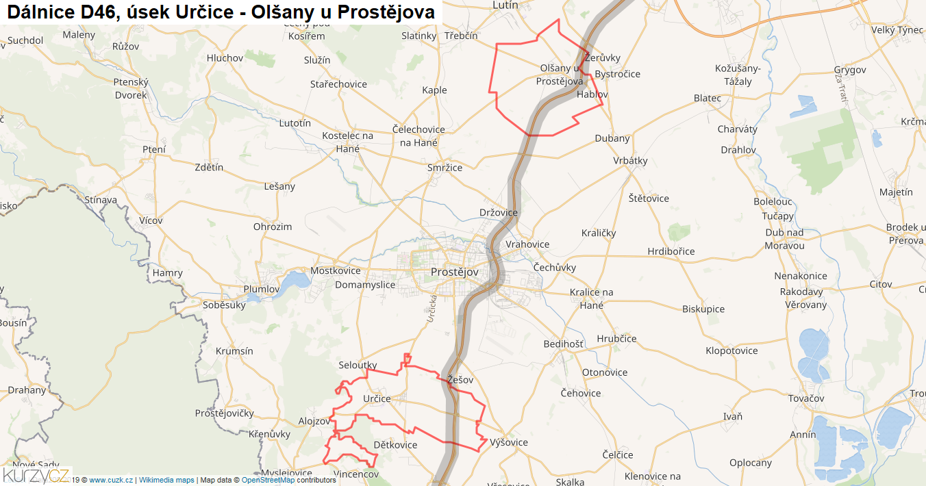 Úsek Určice - Olšany u Prostějova, Dálnice D46 - Mapa